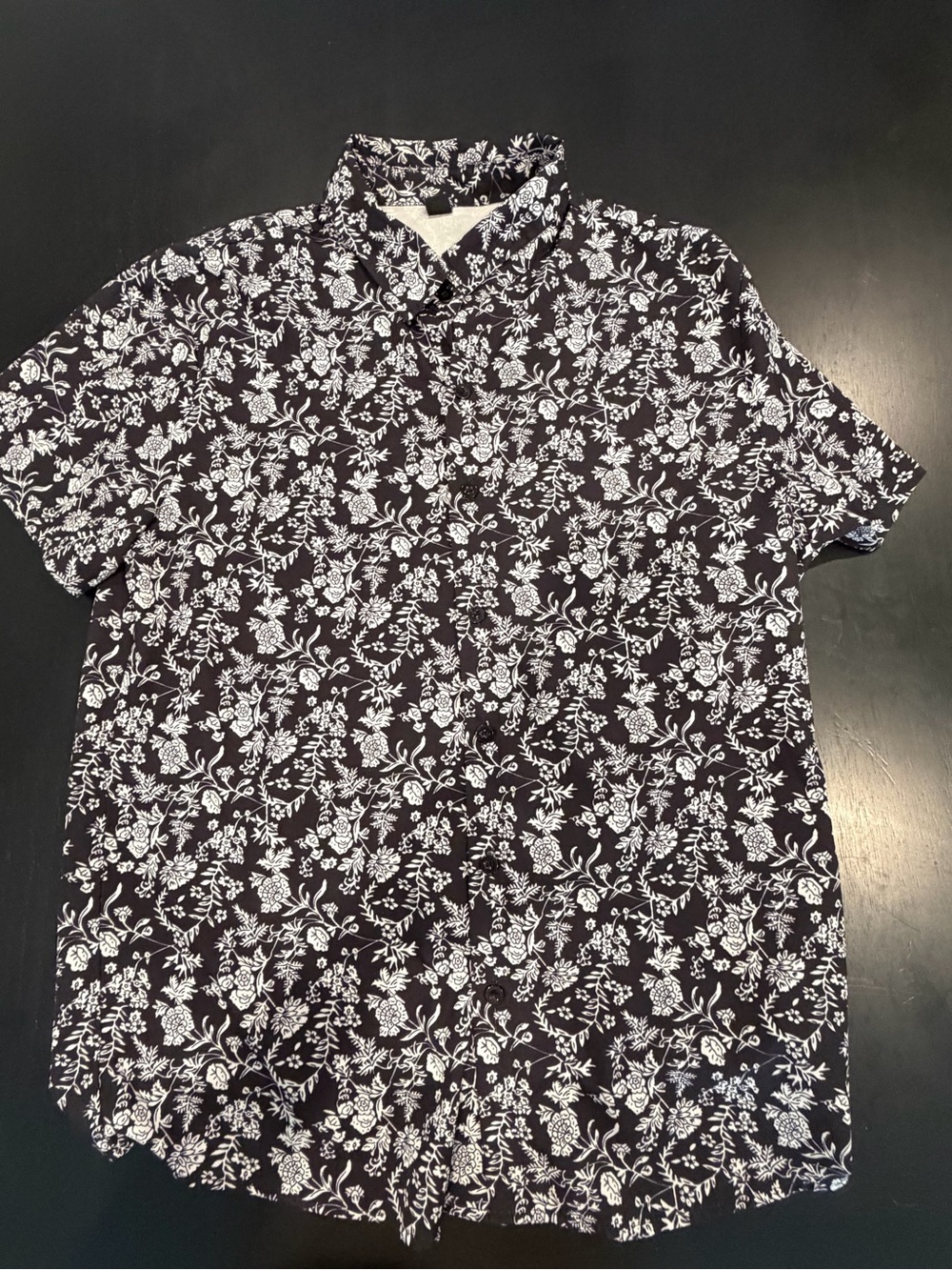 Men's Short-Sleeve Black Button-Down Shirt with White Floral Print